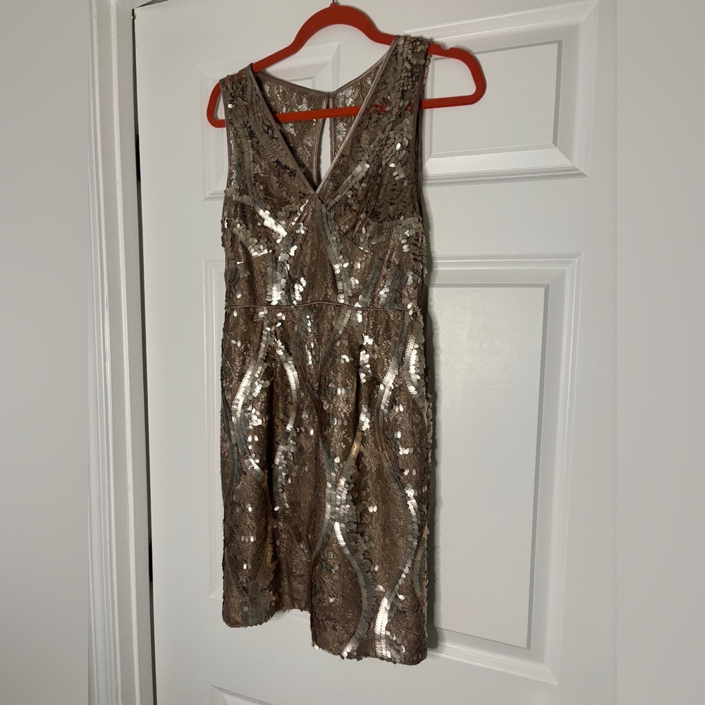 Adrianna Papell Sequin Cocktail Dress – Taupe/Champagne